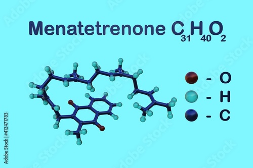 Structural chemical formula and molecular model of menatetrenone, one of the nine forms of vitamin K2. It is produces by converting vitamin K1 in the body, testicles, and pancreas. 3d illustration