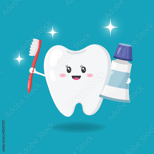 Cute cartoon tooth with toothbrush and toothpaste. Vector illustration