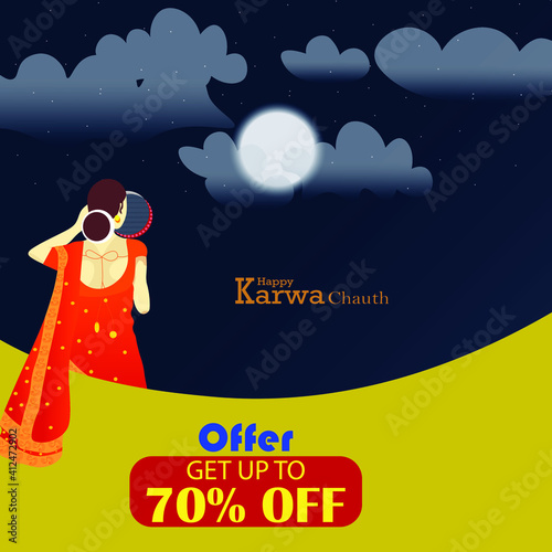 Happy Karwa Chauth festival card with Karva Chauth is a one-day festival celebrated by Hindu women from some regions of India. © The Deep Designer