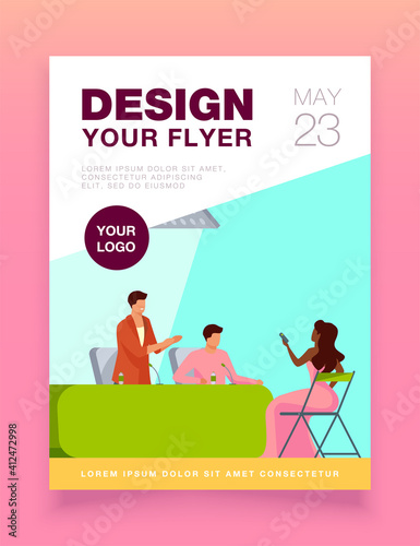 Positive officials speaking at press conference. Journalists holding voice recorder flat vector illustration. Journalism, announcement, event concept for banner, website design or landing web page