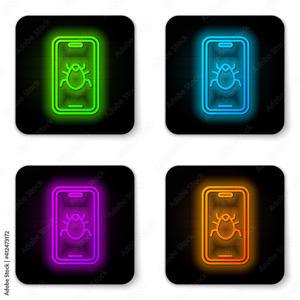 Glowing neon line System bug on mobile icon isolated on white background. Code bug concept. Bug in the system. Bug searching. Black square button. Vector. Glowing neon line System bug on mobile icon isolated on white background. Code bug concept. Bug in the system. Bug searching. Black square button. Vector.