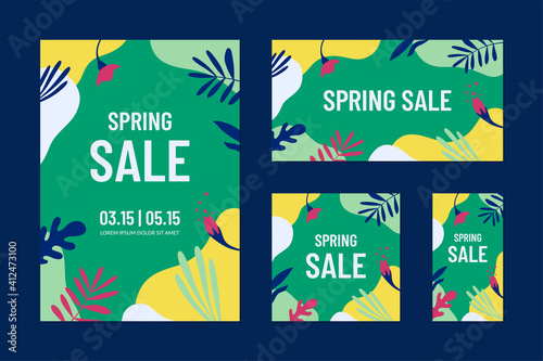 Spring sale concept. Web banners tand posters templates set with floral elements and abstract shapes in bright colors.