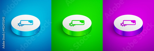 Isometric line Shockproof mobile phone icon isolated on blue, green and purple background. White circle button. Vector.