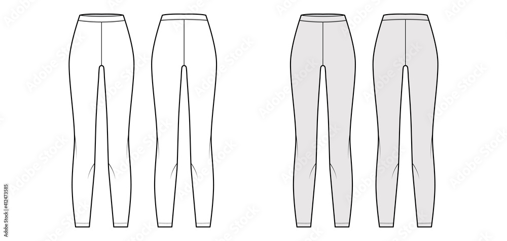 Leggings knit pants technical fashion illustration with normal waist, high rise, full length. Flat sport training, casual apparel template front, back, white grey color. Women men unisex CAD mockup - obrazy, fototapety, plakaty 