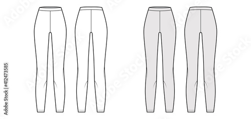 Leggings knit pants technical fashion illustration with normal waist, high rise, full length. Flat sport training, casual apparel template front, back, white grey color. Women men unisex CAD mockup