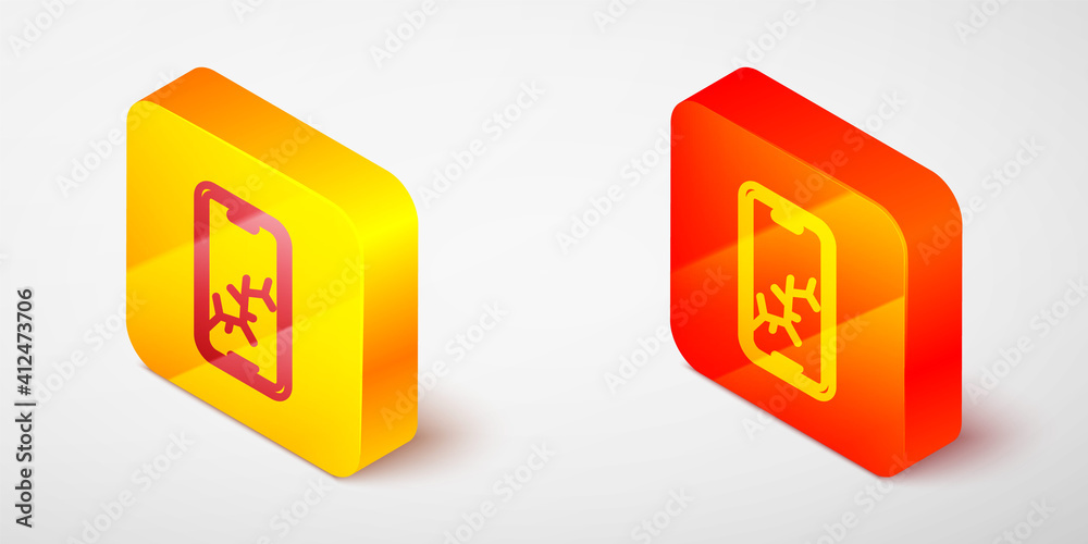 Isometric line Smartphone with broken screen icon isolated on grey background. Shattered phone screen icon. Yellow and orange square button. Vector.
