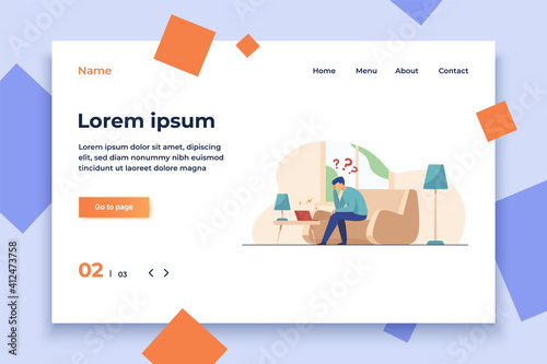 Man using laptop for video call. Angry talk partner shouting at him from speakers flat vector illustration. Online communication, conflict concept for banner, website design or landing web page