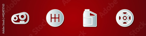 Set Car headlight, Gear shifter, Canister for motor oil and wheel icon. Vector.