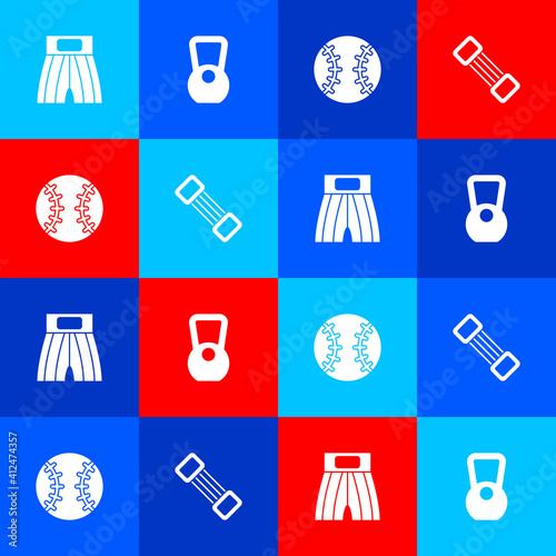 Set Boxing short, Kettlebell, Baseball ball and Chest expander icon. Vector.
