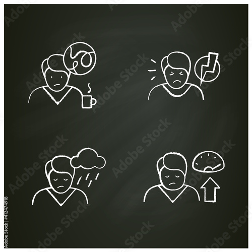  Sleep disorder chalk icons set. Healthy sleeping concept. Different types of sleep disorders. Falling asleep trouble. Stress. Health care. Isolated vector illustrations on chalkboard