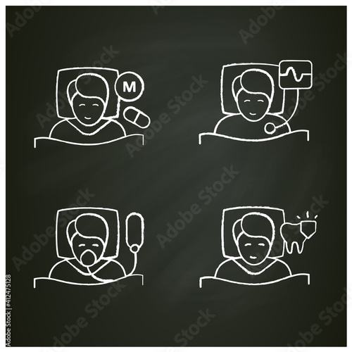  Sleep disorder chalk icons set. Healthy sleeping concept. Different types of sleep disorders. Falling asleep trouble. Stress. Health care. Isolated vector illustrations on chalkboard