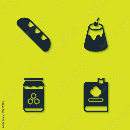 Set French baguette bread, Cookbook, Jar of honey and Pudding custard icon. Vector.