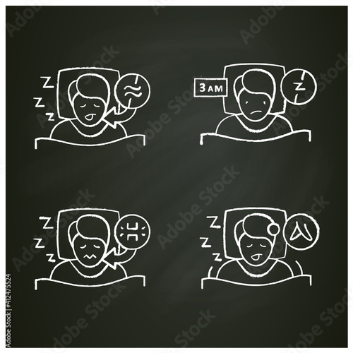  Sleep disorder chalk icons set. Healthy sleeping concept. Different types of sleep disorders. Falling asleep trouble. Stress. Health care. Isolated vector illustrations