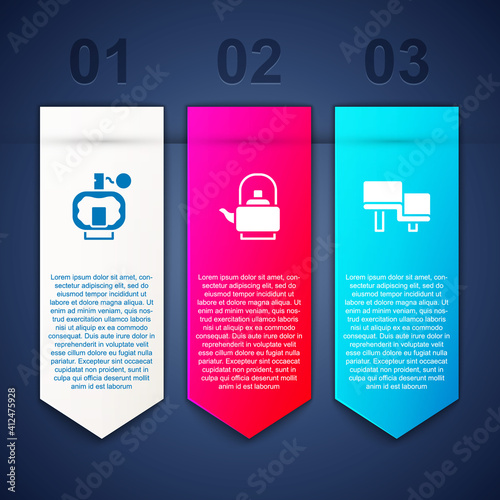 Set Aftershave, Kettle with handle and Sauna wood bench. Business infographic template. Vector.