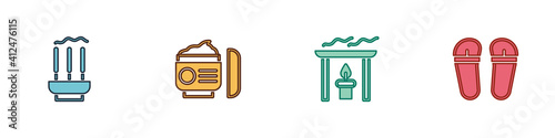 Set Incense sticks, Cream or lotion cosmetic tube, Aroma candle and Flip flops icon. Vector.