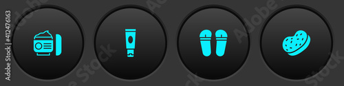 Set Cream or lotion cosmetic tube, , Flip flops and Bath sponge icon. Vector.