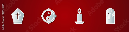 Set Pope hat, Yin Yang, Burning candle and Easter cake icon. Vector.