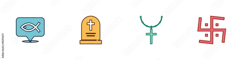 Set Christian fish, Tombstone with cross, chain and Hindu swastika icon. Vector.