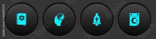 Set Jewish torah book, Yin Yang, Church bell and Star and crescent icon. Vector.