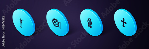 Set Isometric Christian cross, Hands in praying position, Dharma wheel and Aspergillum icon. Vector.