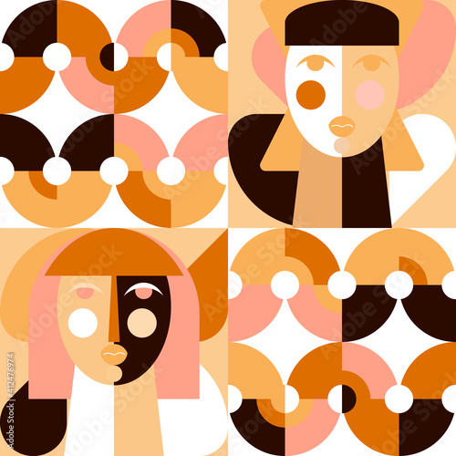 Geometric vector seamless pattern in retro style . Modern background with circles, semicircles and stylized female face in scandinavian design style,