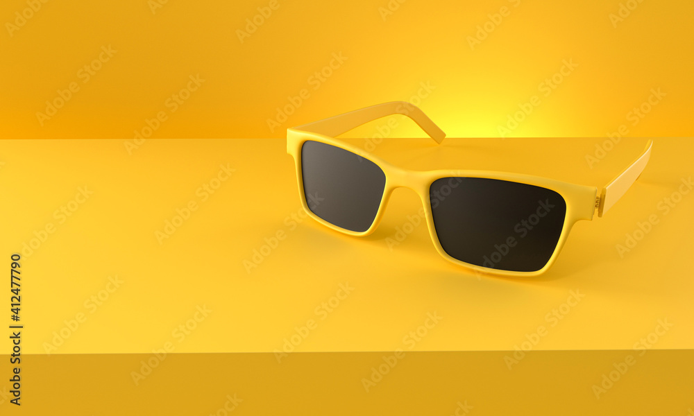 Yellow Sunglasses with black glasses on yellow Background. Minimalism summer concept. Yellow Sunglasses with black glasses on yellow Background. Minimalism summer concept.
