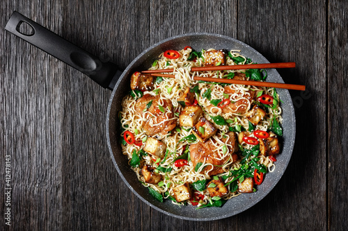 Sweet and sour tofu, chicken, and wok noodles