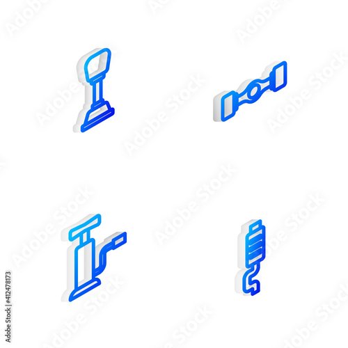 Set Isometric line Chassis car, Gear shifter, Car air pump and muffler icon. Vector.