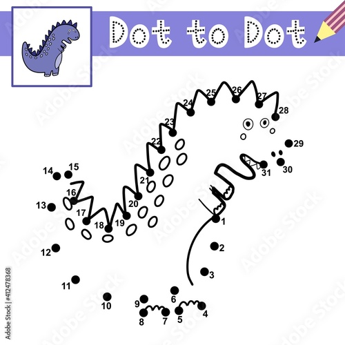 Connect the dots and draw a cute dinosaur. Dot to dot game with Tyrannosaurus Rex. Educational page for kids. Vector illustration