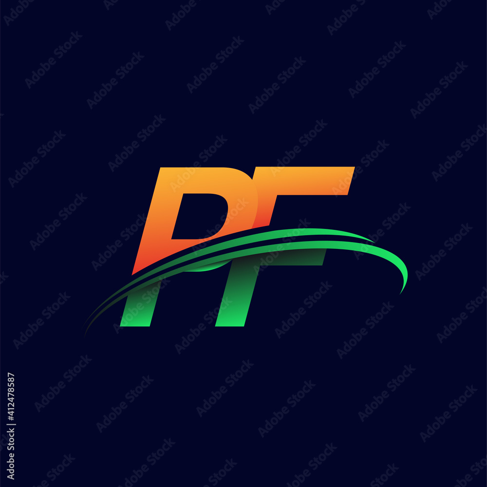 initial logo PF company name colored orange and green swoosh design ...