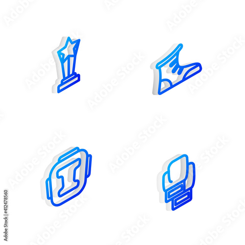Set Isometric line Sport boxing shoes, Award cup, Boxing helmet and glove icon. Vector.