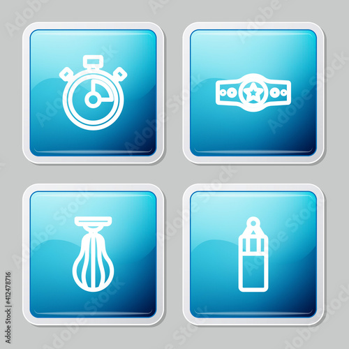 Set line Stopwatch, Boxing belt, Punching bag and icon. Vector.
