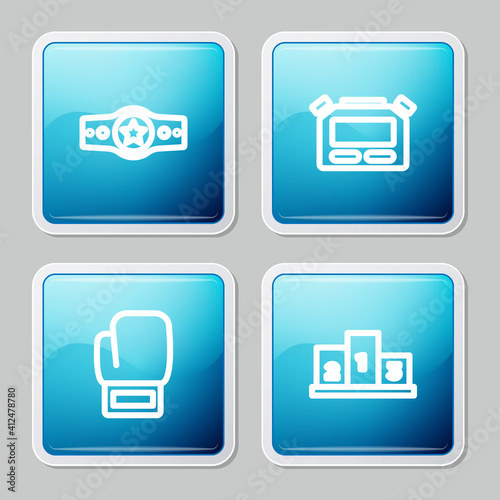 Set line Boxing belt, Stopwatch, glove and Award over sports winner podium icon. Vector.