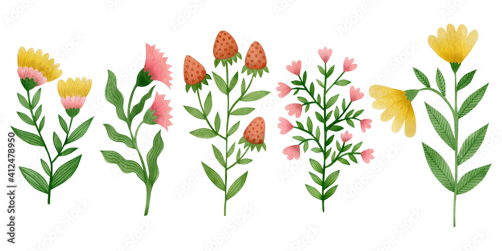 Watercolor set drawing flower in folk art isolated on white background.