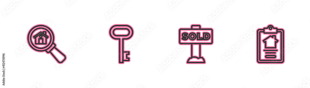 Set line Search house, Hanging sign with text Sold, House key and contract icon. Vector. Set line Search house, Hanging sign with text Sold, House key and contract icon. Vector.