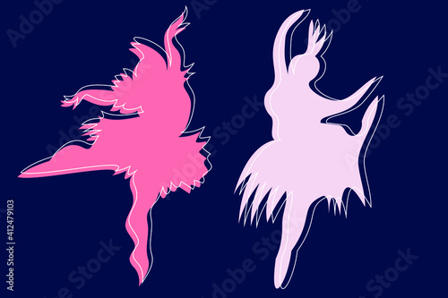 Two abstract fictional characters of plump girls in ballet tutus dancing in different poses. Angular and amorphous figures in pink hues on blue. Faceless ballerinas in flat and minimal style.