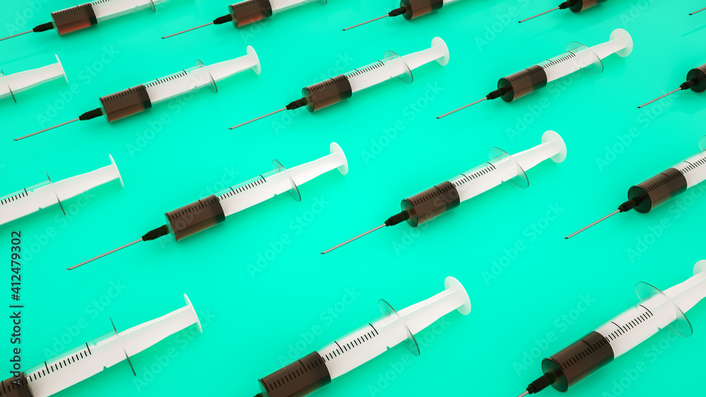 background of three-dimensional disposable syringes on a turquoise backdrop. coronavirus vaccination concept. 3d render illustration background of three-dimensional disposable syringes on a turquoise backdrop. coronavirus vaccination concept. 3d render illustration