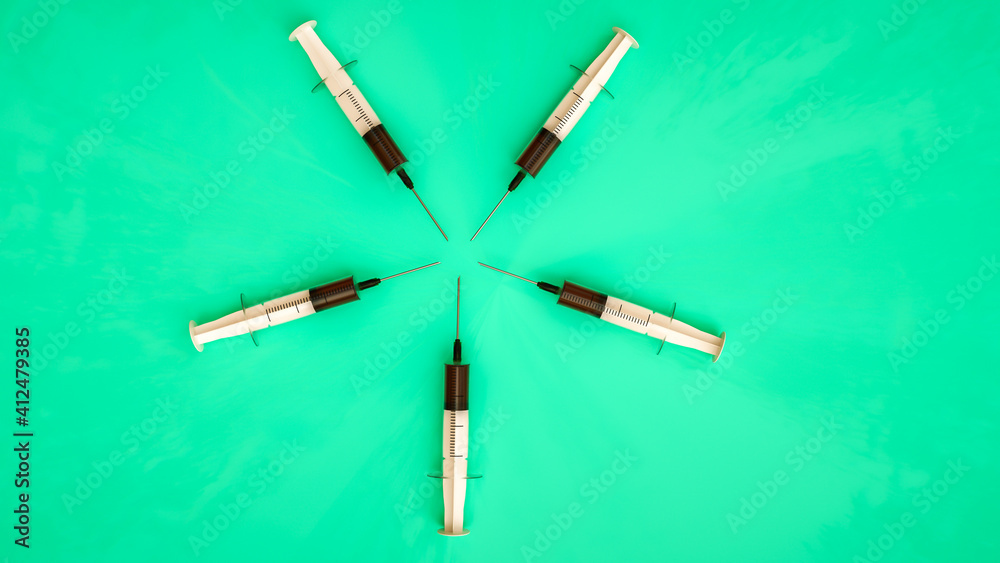 Naklejka premium background of three-dimensional disposable syringes on a turquoise backdrop. coronavirus vaccination concept. 3d render illustration