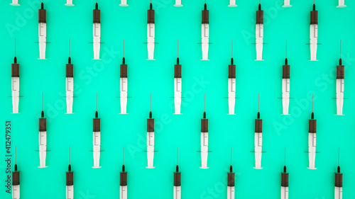 background of three-dimensional disposable syringes on a turquoise backdrop. coronavirus vaccination concept. 3d render illustration