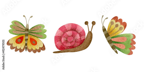 Watercolor set of butterflies and snail isolated on white background.