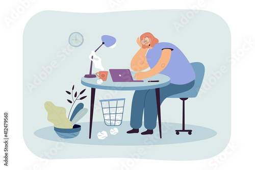 Tired woman sitting at table on work flat vector illustration. Cartoon exhausted female character working on laptop computer. Professional burnout syndrome and overload concept