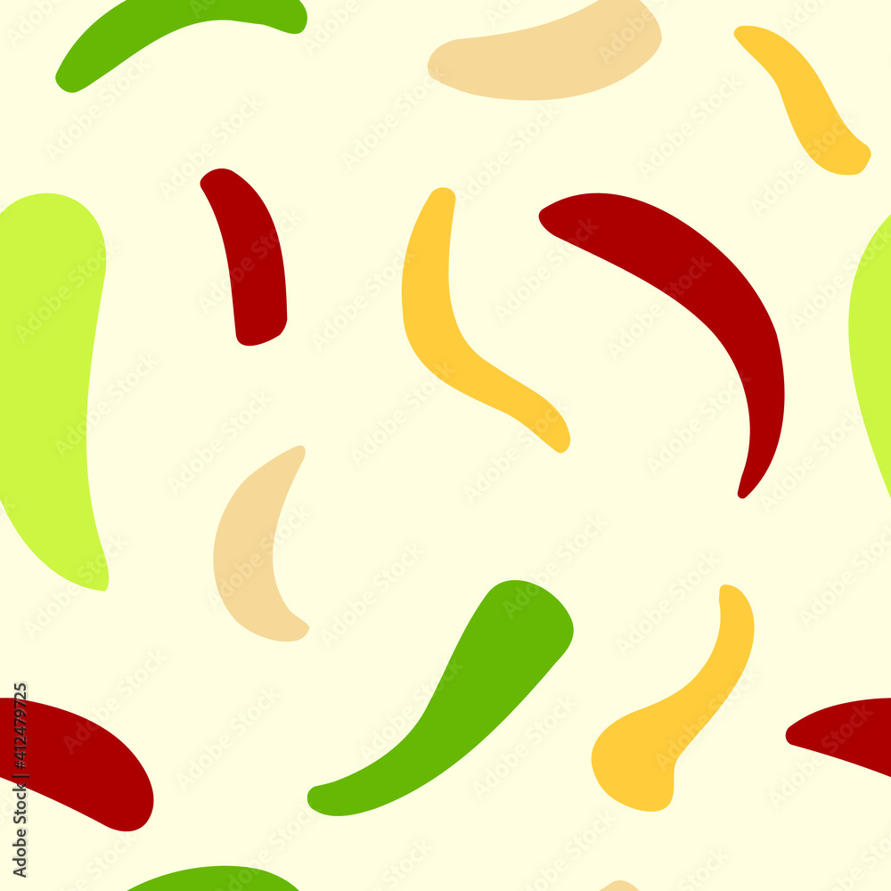 Seamless pattern with big curve spots of different shapes. Brightly colored stripes, mosaic and terrazzo texture. For decor, textiles, fabrics, packaging, wrapping paper, wallpaper, design, banners Seamless pattern with big curve spots of different shapes. Brightly colored stripes, mosaic and terrazzo texture. For decor, textiles, fabrics, packaging, wrapping paper, wallpaper, design, banners