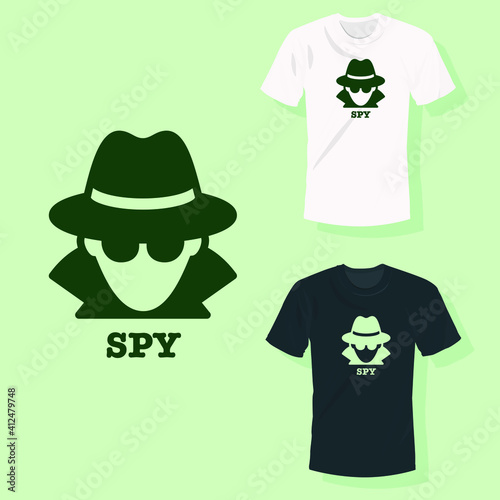 Spy agent with hat googles face view T shirt clothing fashion design