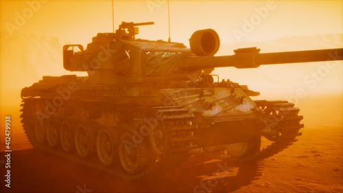 World War II Tank in desert in sand storm