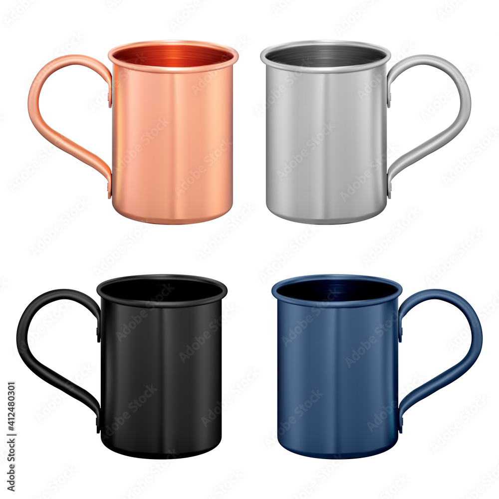 Metal mug. Copper travel cup. Coffee or tea potmockup template. Vintage stainless steel mug with handle, camping tourist flask mock up for hot water. Portable thermo tin. Aluminum retro cup Metal mug. Copper travel cup. Coffee or tea potmockup template. Vintage stainless steel mug with handle, camping tourist flask mock up for hot water. Portable thermo tin. Aluminum retro cup
