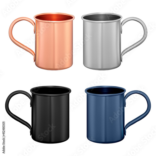 Metal mug. Copper travel cup. Coffee or tea potmockup template. Vintage stainless steel mug with handle, camping tourist flask mock up for hot water. Portable thermo tin. Aluminum retro cup