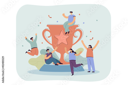 Tiny happy winners near big golden cup flat vector illustration. Cartoon team of champions winning award and celebrating victory. Mission success and teamwork concept