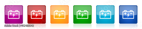 Battery, power storage icon set, square glossy vector buttons in 6 colors options for webdesign and mobile applications