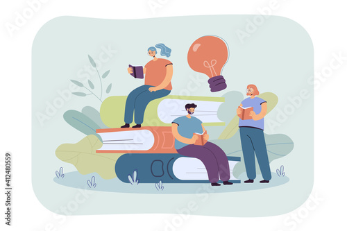 Happy tiny students reading books flat vector illustration. Cartoon bookworm people sitting or standing near big pile of books. Library and education concept