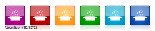 Kitchen pot, cooking concept icon set, square glossy vector buttons in 6 colors options for webdesign and mobile applications